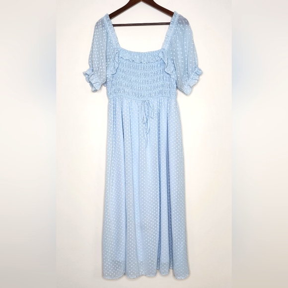 Indigo Rose Light Blue Ruffled Swiss Dot Midi Dress Large Bridgerton Regencycore - Picture 1 of 13